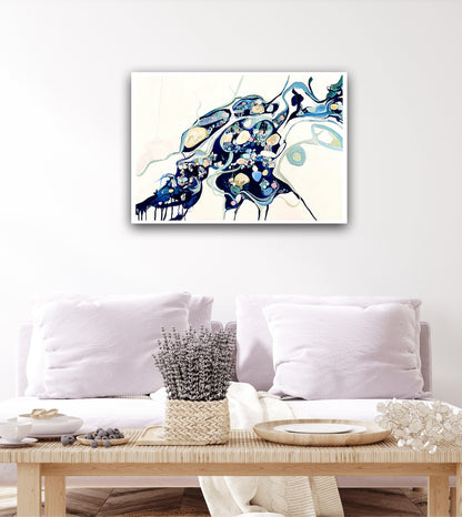 Abstract oil painting on a white background in shades of blue, cream and green with multicoloured detail on a white wall.