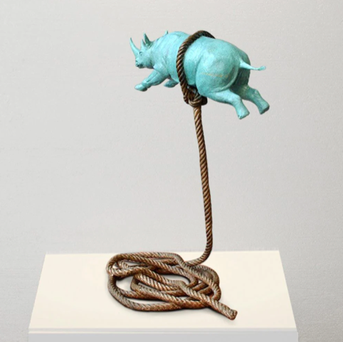 Gillie and Marc, Green Flying Rhino on a Short Rope, Bronze Sculpture #6/8