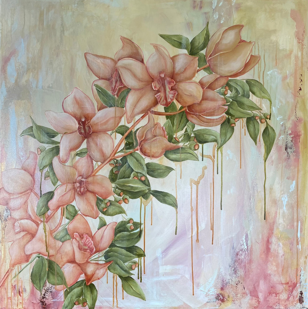 Carmel McCarney, Orchids & Gumnuts, Acrylic on canvas