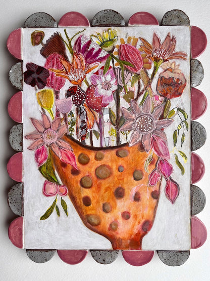 Shellie Christian, Wild Blooms, Mixed Media on Board -handmade ceramic frame