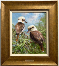 Load image into Gallery viewer, Kookaburras sitting in a tree as thought they are talking to each other. Framed view.
