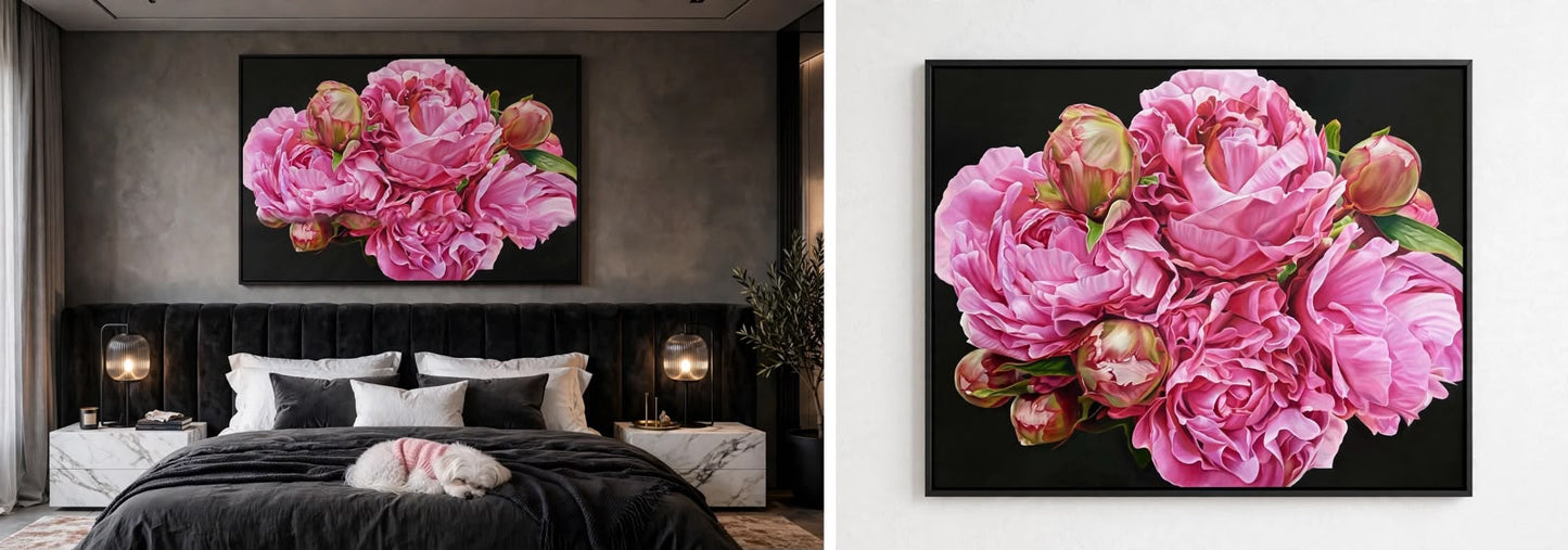 Jen Tucker, Peony Bouquet, Oil on Canvas, Oak Float Frame