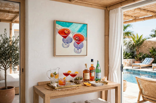 Jen Tucker, Cocktails by the Pool, Oil on Canvas,  Oak Float Frame