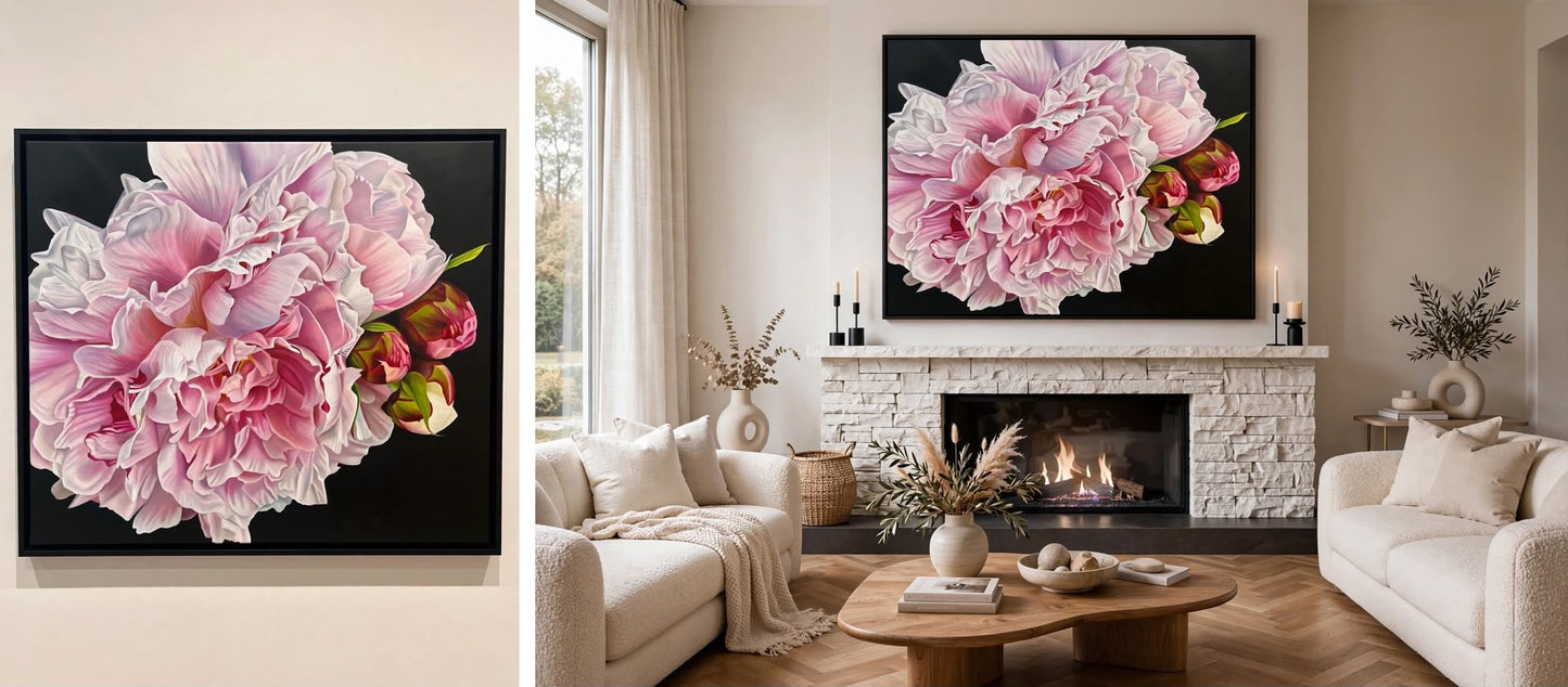 Jen Tucker, Peonies, Oil on Canvas, Oak Float Frame