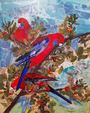 Load image into Gallery viewer, Pair of crimson Rosella in glorious colour, sitting in a tree
