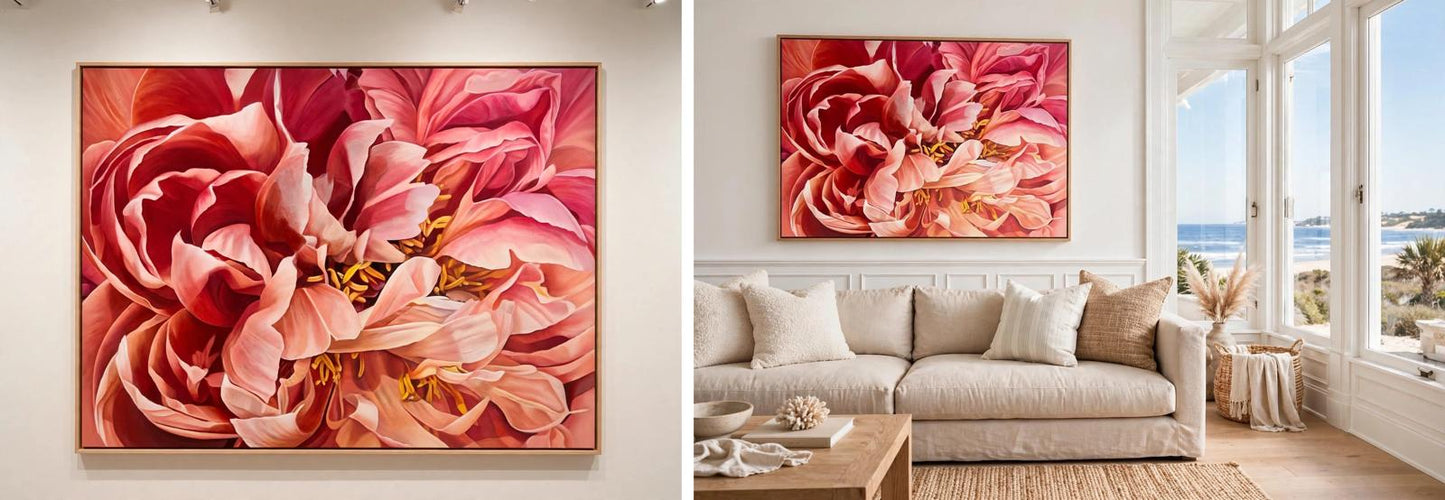 Jen Tucker, Sunkissed Petals, Oil on Linen, Oak Float Frame