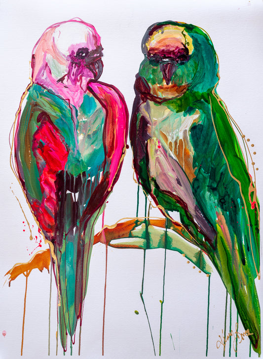 Kerry Bruce, Budgee Buddies, Original Art on Paper-Oak Frame