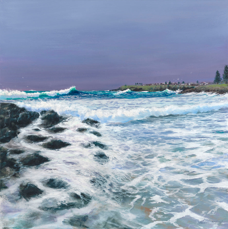 Andrew McPhail, original painting,  Surf Beach has many moods. This painting captures the Wedge, a wave enjoyed by surfers and bodyboarders, peaking up against a storm sky. Black basalt rocks with waves washing over them, gulls riding the southerly wind, iconic Norfolk Island pines and south Kiama headland complete the scene.  