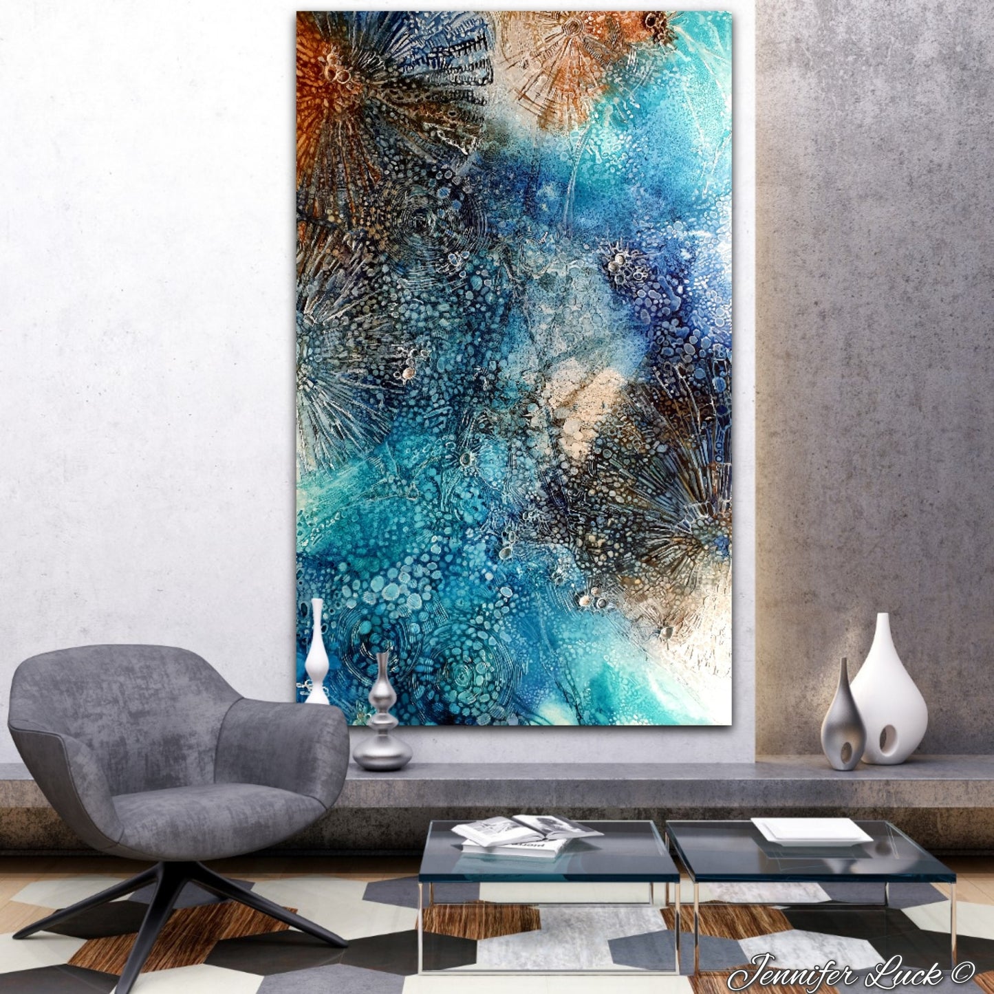 Rockpool oil painting in shades of aqua, turquoise and ochre and off white. Shown in situ in a living room.