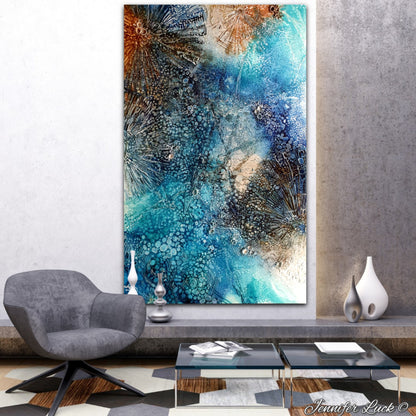 Rockpool oil painting in shades of aqua, turquoise and ochre and off white. Shown in situ in a living room.