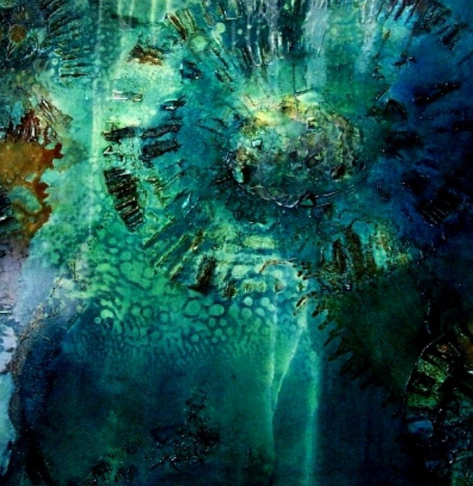 Multi-coloured painting of an ocean pool. Closeup view.