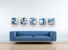 Load image into Gallery viewer, Five contemporary abstract painting in shades of blue, aqua, turquoise, green, mauve, ochre and white, paintings hanging in a row on a white wall.
