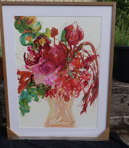 Kerry Bruce, Blooming Beauty, Original Art on Paper-Oak Frame