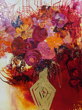 Load image into Gallery viewer, Gold vase with a mass of pink, red and orange blooms with red, gold  and white background
