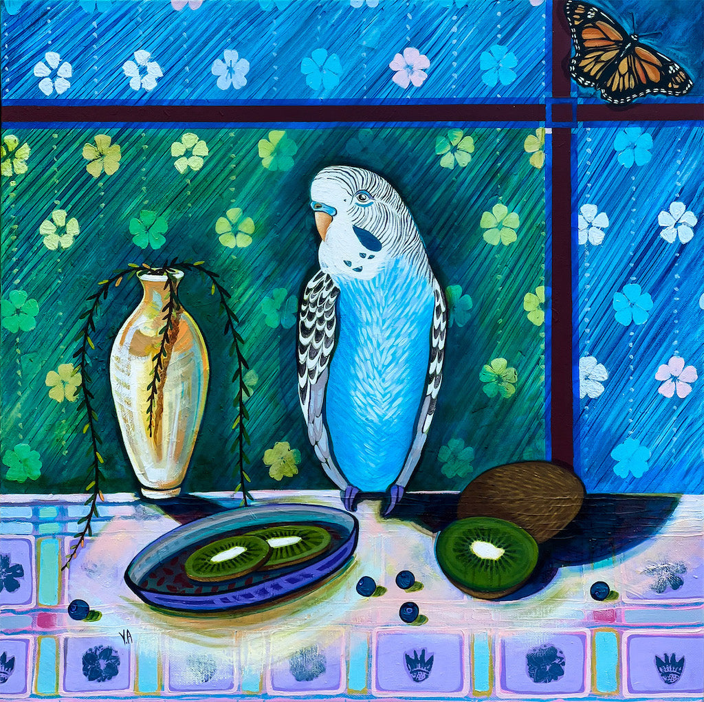 Bright and colourful painting of a budgerigar in front of a plate of kiwi fruit.