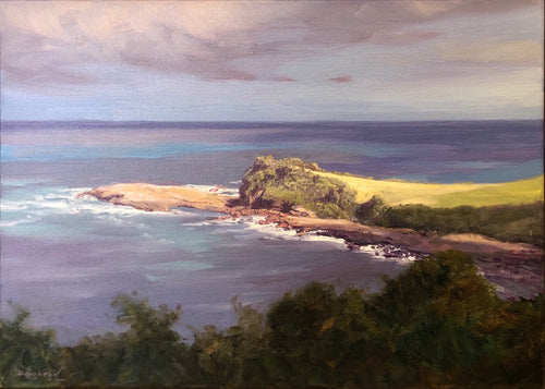 Painting of an overcast day with a ray of light shining on a headland at Gerringong on the NSW South Coast.