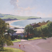 Load image into Gallery viewer, A view of Werri Beach from a suburban street in Gerringong NSW with 2 boys playing on the road.
