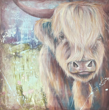 Load image into Gallery viewer, Highland cow standing in a pastel green field against a pastel blue sky.
