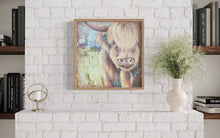 Load image into Gallery viewer, Highland cow standing in a pastel green field against a pastel blue sky. In situ on a white brick wall.

