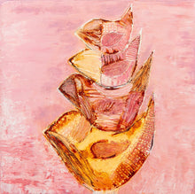 Load image into Gallery viewer, Painting of a bird totem in shades of pink and gold against a pink background.
