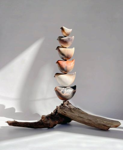 Ceramic Totem sculpture with 6 ceramic birds in autumnal colours, sitting on a piece of driftwood.