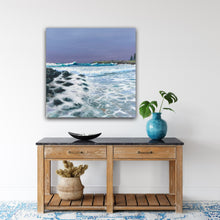 Load image into Gallery viewer, Andrew McPhail, original painting, Surf Beach has many moods. This painting captures the Wedge, a wave enjoyed by surfers and bodyboarders, peaking up against a storm sky. Black basalt rocks with waves washing over them, gulls riding the southerly wind, iconic Norfolk Island pines and south Kiama headland complete the scene.
