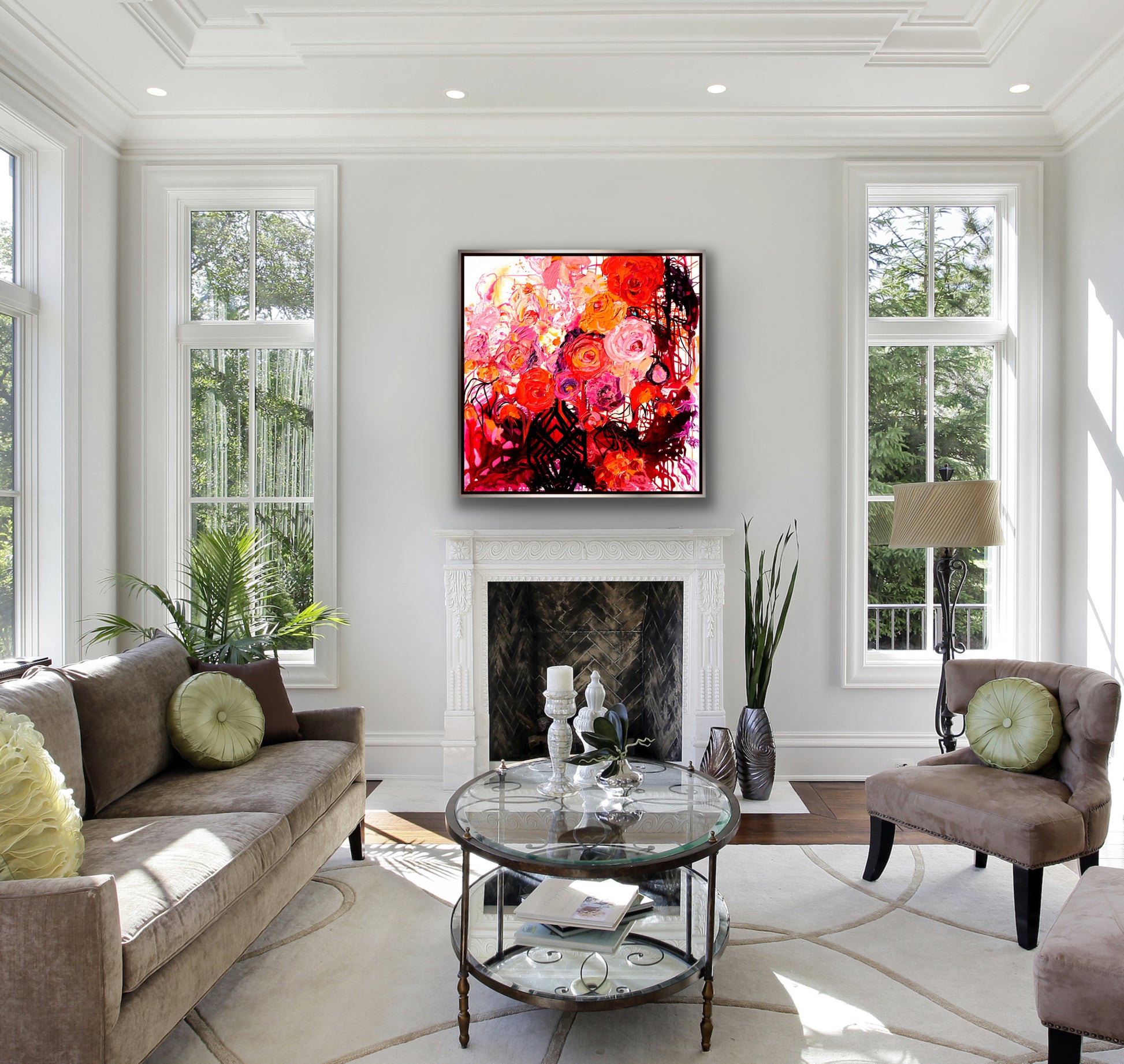 Kerry Bruce Buds & Blooms original artwork, acrylic on Canvas 100cm x 100cm in Charcoal Oak Box Frame Insitu in living room