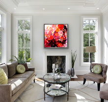 Load image into Gallery viewer, Kerry Bruce Buds &amp; Blooms original artwork, acrylic on Canvas 100cm x 100cm in Charcoal Oak Box Frame Insitu in living room
