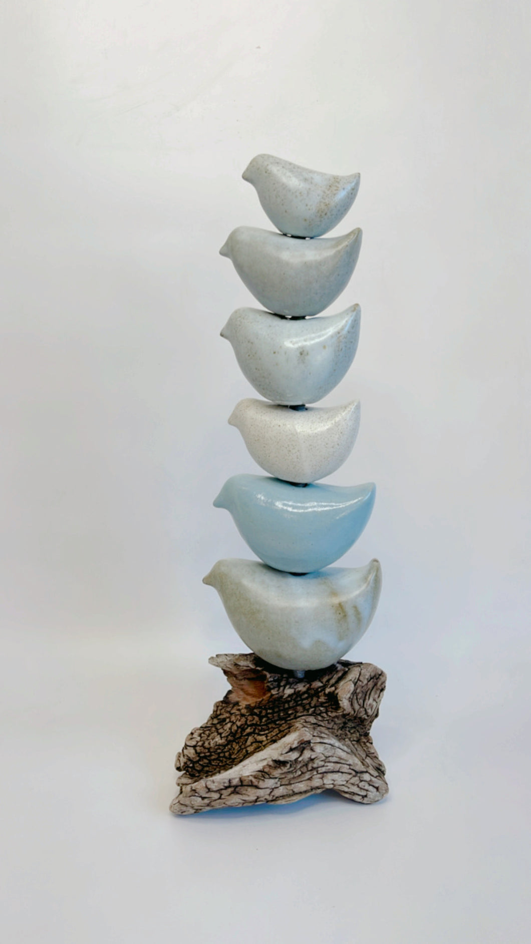 Ceramic Totem sculpture with 6 ceramic birds in shades of pale blue.