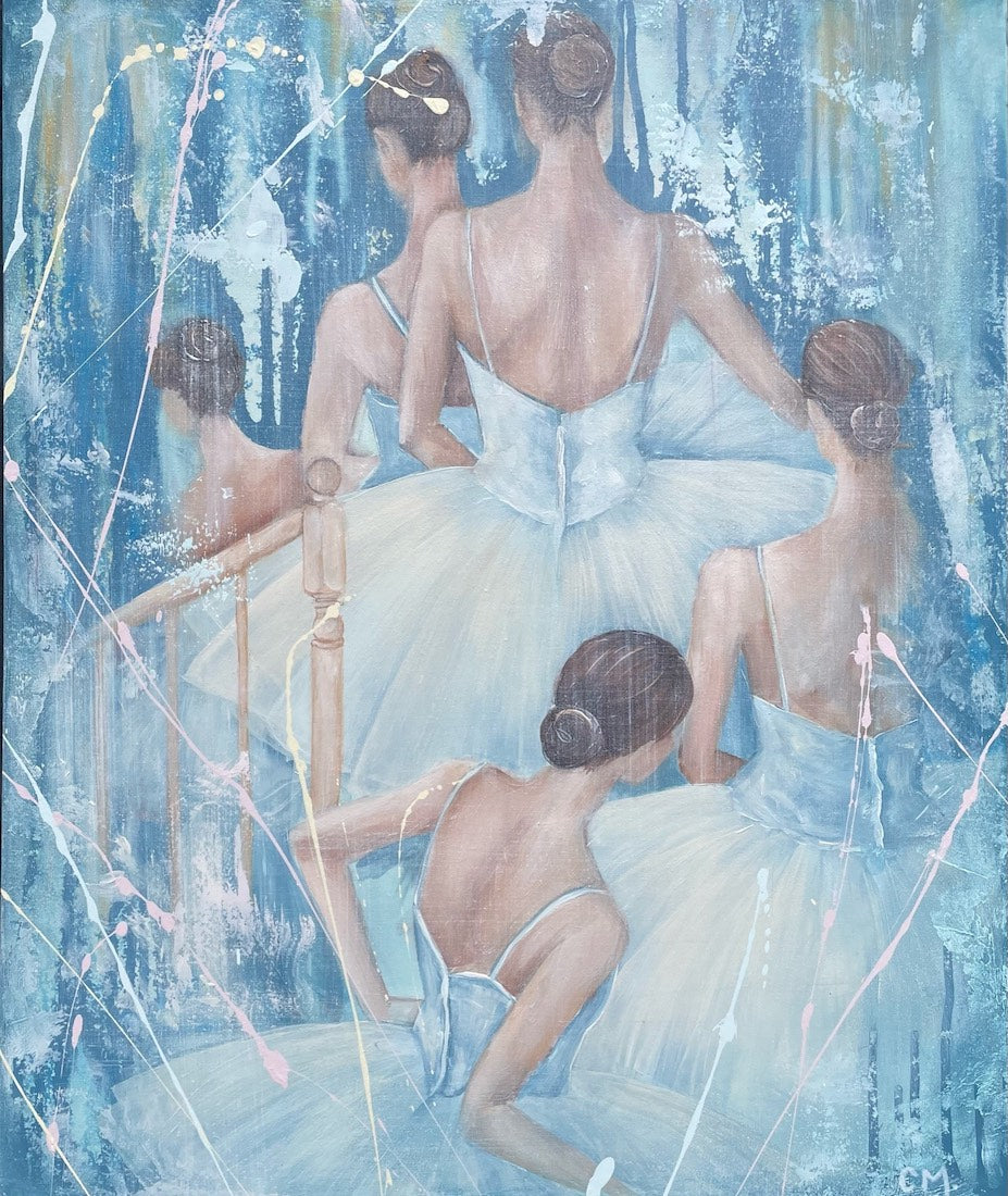 Five ballerinas in pale blue tutus, standing backstage.