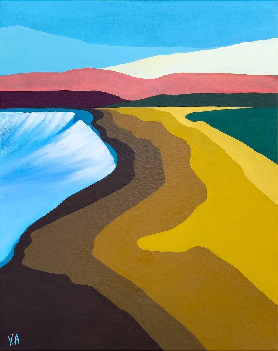 Colourful, stylised painting of a bay on the NSW South Coast.