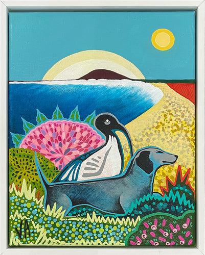 Colourful painting of an ibis, a dog and flowers on a beach with with sun in a blue sky.
