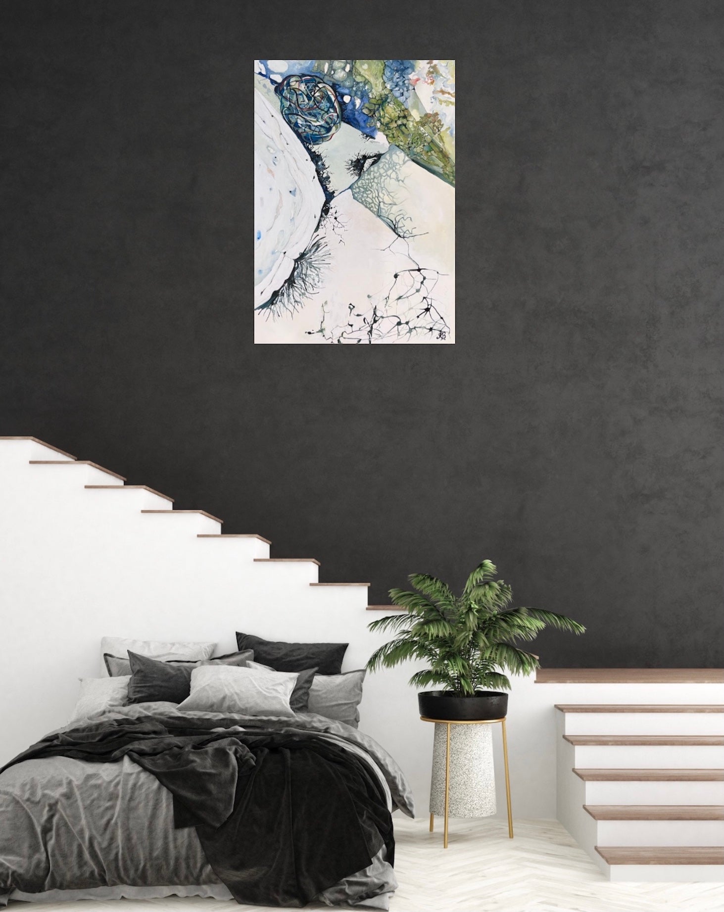 Abstract painting in shades of white, blue and green. Shown in situ on a dark grey wall.