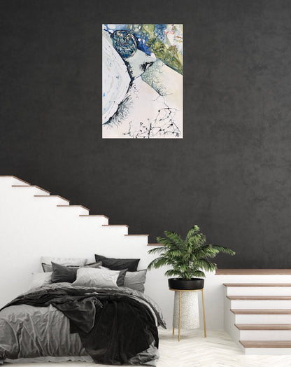 Abstract painting in shades of white, blue and green. Shown in situ on a dark grey wall.