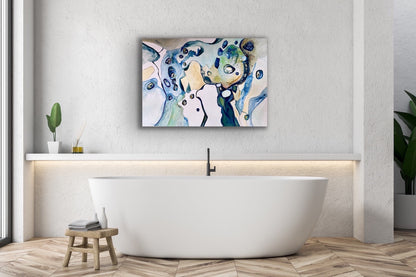 Contemporary abstract painting in shades of blue, turquoise, teal and sand. Shown on white bathroom wall.