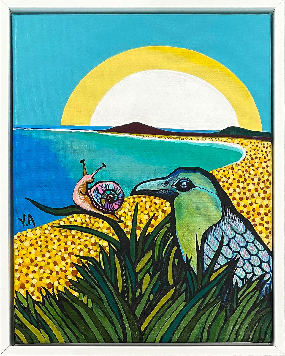 Stylised, colourful painting of a bird and a snail amongst grasses on the edge of the sand and sea.