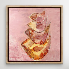 Load image into Gallery viewer, Painting of a bird totem in shades of pink and gold against a pink background. Shown in frame.

