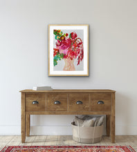 Load image into Gallery viewer, Nude coloured vase of pink and red flowers with green leaves
