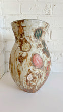 Load image into Gallery viewer, Hand crafted abstract sculptural and functional ceramic vase in brown with touches of pale pink, off white and gold. Side view 2.
