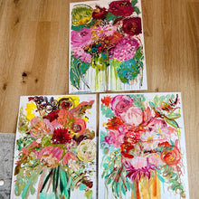 Load image into Gallery viewer, Multicoloured native blooms in a pale green glass vase. Shown with 2 other similar works.
