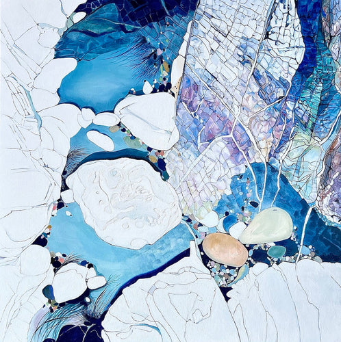 Abstract rock pool painting in shades of blue, white aqua turquoise and mauve. 