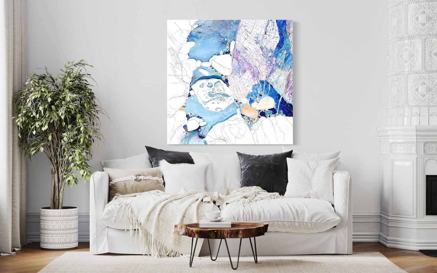 Abstract rock pool painting in shades of blue, white aqua turquoise and mauve.  Shown in situ on a pale grey wall.