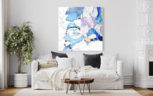 Load image into Gallery viewer, Abstract rock pool painting in shades of blue, white aqua turquoise and mauve.  Shown in situ on a pale grey wall.
