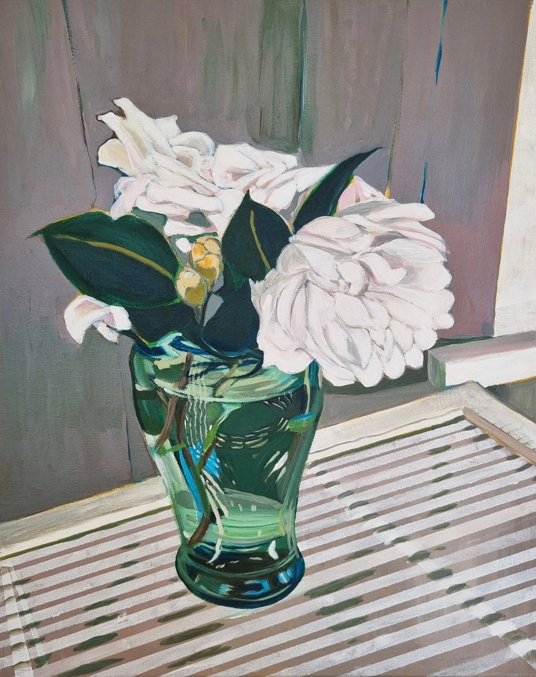 Painting of a green glass vase of pale camellias from the historic property 