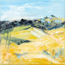 Load image into Gallery viewer, Abstract oil painting of a country landscape in a beautiful shade of pale yellow with an aqua blue sky.
