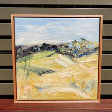 Load image into Gallery viewer, Abstract oil painting of a country landscape in a beautiful shade of pale yellow with an aqua blue sky. Framed view.
