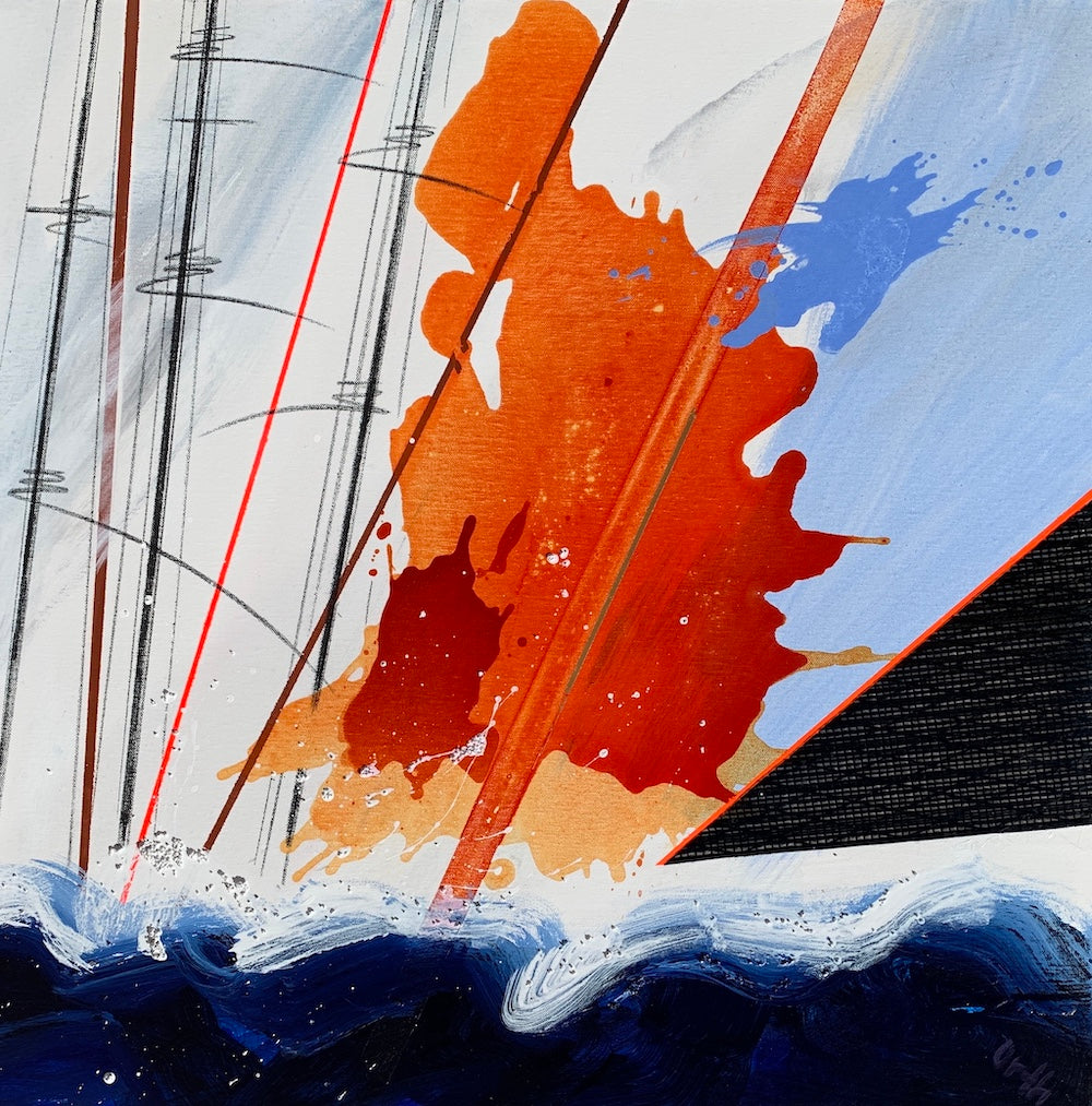 Sailing boat with an orange and red sail with splashes of blue, alongside a black sail with a hot pink edge, sailing in an ocean of deep blue with white foam.