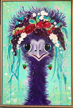 Load image into Gallery viewer, Fun painting of the head and neck of a female emu with a floral headdress against a light green background. Shown in light oak box frame.
