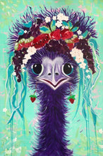 Load image into Gallery viewer, Fun painting of the head and neck of a female emu with a floral headdress against a light green background. 
