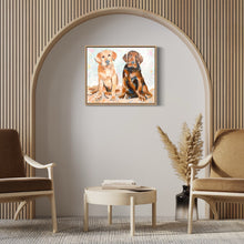 Load image into Gallery viewer, A cream Labrador and a brown Labrador standing side by side against a blue and beige pastel background. In situ on an arched wall.
